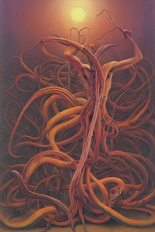 Image similar to an amazing masterpiece of art by gerald brom, Zdzisław Beksiński, tentacles