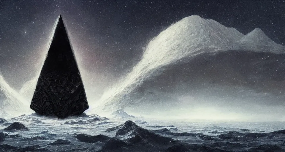 Image similar to black lovecraftian eldritch!! obsidian pyramid!! on a snowy island surrounded by still seas, with cosmic space in the background by eugene von guerard, ivan shishkin, cosmic space, concept art, trending on artstation, 8 k