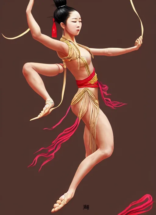 Image similar to full body portrait of a barefoot female dancer using a silk belt as weapon, barefoot, tanned skin, athletic, vivacious, hanfu, fully clothed, absurdly beautiful, chinese ribbon dance, silk belt, scorpion whip, wuxia, battle, detailed, anatomically accurate, fantasy illustration, drawn by wlop, artstation.