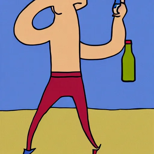 Image similar to artistic rendition of a man jumping in the while holding a bottle, very expressive