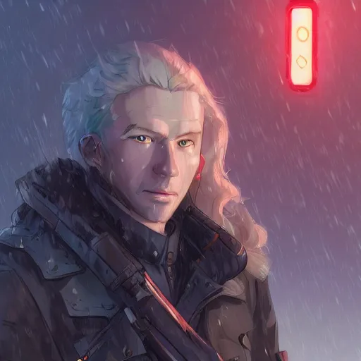 Prompt: portrait of the pale blond soldier Deckard, long curly blond hair, jagged black cyberpunk armor, imperial russian city streets covered in snow, sci fi, night time, ambient lighting, 4k, anime key visual, lois van baarle, ilya kuvshinov, rossdraws, artstation