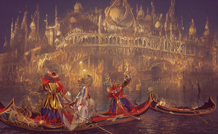 Prompt: the enchanted venice carnival dream with dancing masked people, behance hd artstation, by moebius and nicto ngai