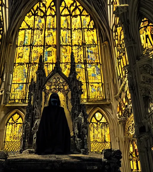 Image similar to a tall pale humanoid being sitting upon an ornate stone throne, 4K, digital art, horror, dramatic, wearing a long yellow rotting garment, dark, hyperrealistic, perspective, complex black church background with volumetric lights coming in through cathedral windows,