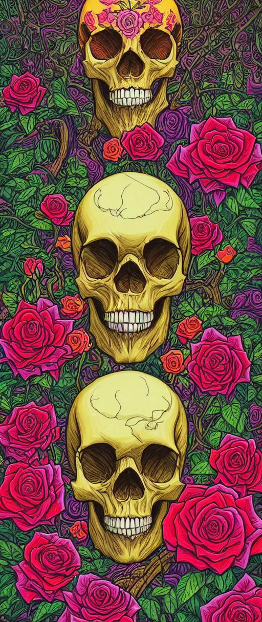 Image similar to ortographic view of a large skull and psychedelic roses with a forest background by Jen Bartel and Dan Mumford and Satoshi Kon, gouache illustration