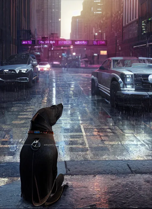 Prompt: watch dogs game, chicago city rainy detailed, a dog is sitting on the street, soft lighting