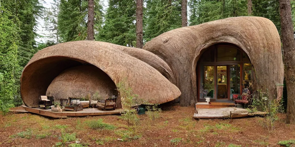 Prompt: cozy residence made from an enormous mushroom, washington state