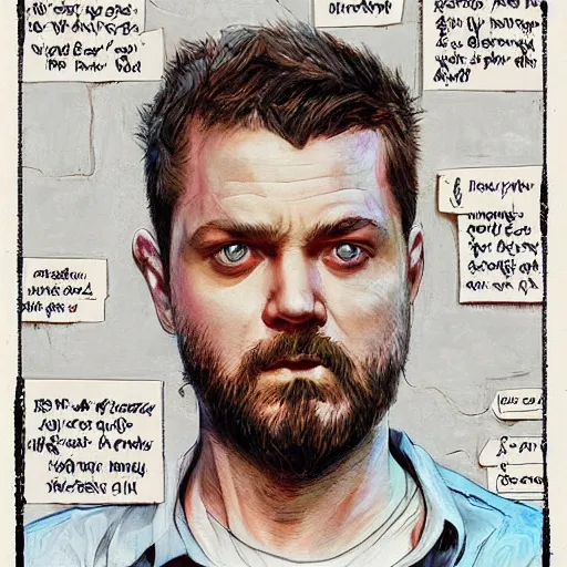 Image similar to beautiful portrait of a man with a short-beard blue eyes(looking like joshua jackson and aaron paul, sean bean), in the style of Enki Bilal and Joe Jusko and Alex Ross, backlit, trending on artstation