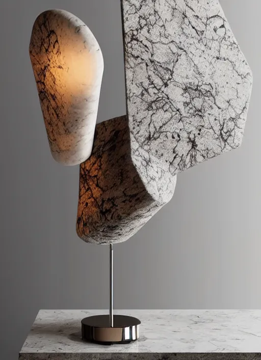 Image similar to A table lamp with a marble base, and a fabric lampshade designed by Petros Afshar