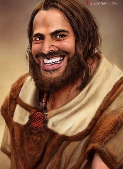 Prompt: a brown haired young tauren with stubble, short hair, wearing brown robes, smiling, close up, portrait style, wisdom, photographic print, artgerm, hyper - realistic
