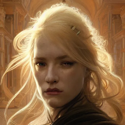 Image similar to Half portrait of a woman with blonde hair as a character in Elden Ring walking in Nokron, eternal City, gorgeous, beautiful, intricate, highly detailed, digital painting, artstation, oppressive lighting, concept art, sharp focus, illustration, art by greg rutkowski and alphonse mucha