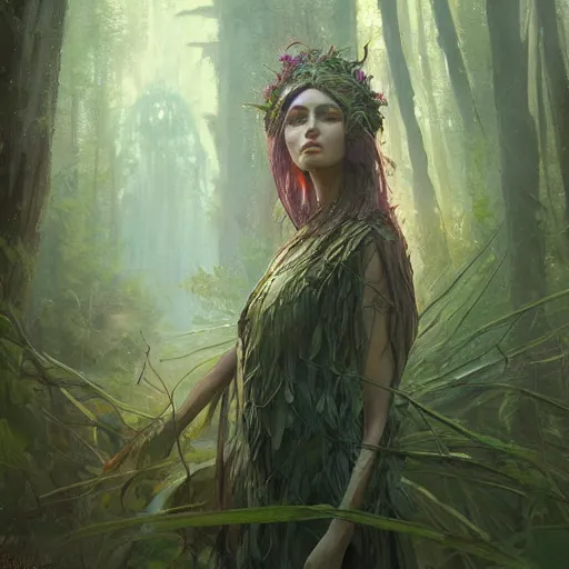 Prompt: a beautiful portrait of a plant goddess by Greg Rutkowski and Raymond Swanland, forest background, Trending on Artstation, ultra realistic digital art