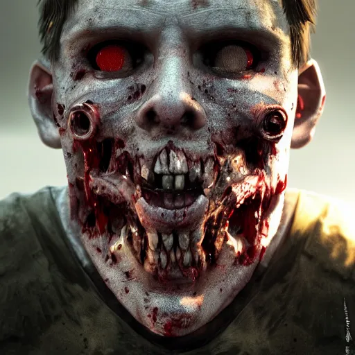 Image similar to zombie with missing eyes portrait, horror core, apocalyptic, feeling of grimdark, sharp focus, fiction, hyper detailed, digital art, trending in artstation, cinematic lighting, studio quality, smooth render, unreal engine 5 rendered, octane rendered, art style and nixeu and wlop and krenz cushart