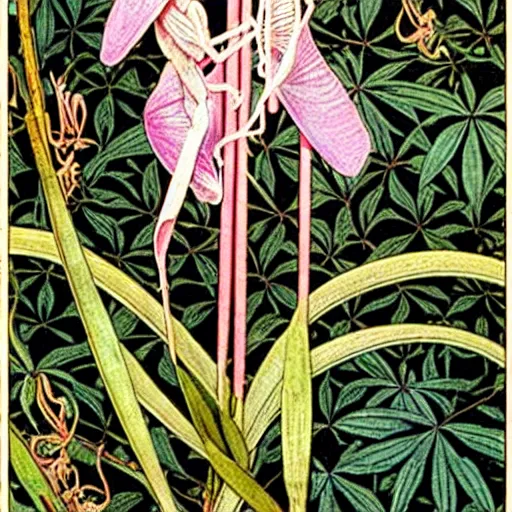 Image similar to orchid mantis by William Morris and Carlos Schwabe