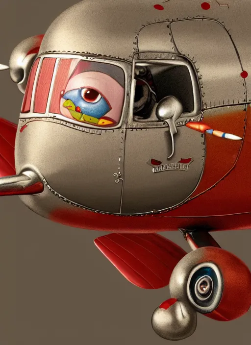 Image similar to highly detailed closeup portrait of a cute tin toy retro airplane, nicoletta ceccoli, mark ryden, lostfish, earl nore, hyung tae, frank frazetta, global illumination, god rays, detailed and intricate environment