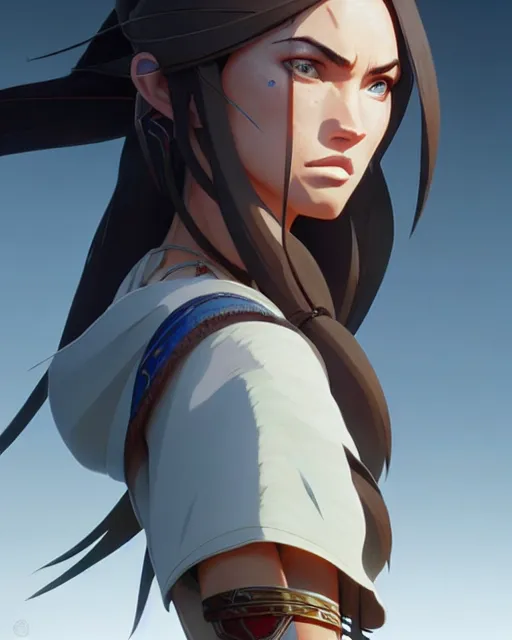 Image similar to azctec warrior, megan fox, detailed perfect face, exquisite details, fire magic, mid view, design on a white background, by studio muti, greg rutkowski makoto shinkai takashi takeuchi studio ghibli