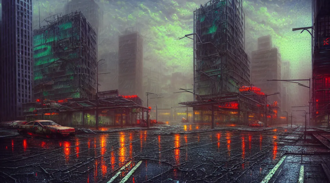 Prompt: post apocalyptic city building, raining, building, avenue, modern contemporary urban americana concrete architecture, paved roads, by thomas kinkade trending on artstation, photorealistic, neon ambiance, ultra detailed, high definition, depth of field, bokeh, wild vegetation, blood stains, crumbling, post - apocalyptic warriors