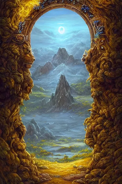 Image similar to A giant medieval fantasy blue energy portal gate with a rusty gold carved lion face at the center of it, the portal takes you to another world, full of colorful flowers on the lost Vibes and mountains in the background, spring, delicate fog, sea breeze rises in the air, by andreas rocha and john howe, and Martin Johnson Heade, featured on artstation, featured on behance, golden ratio, ultrawide angle, f32, well composed, rule of thirds, center spotlight, low angle view