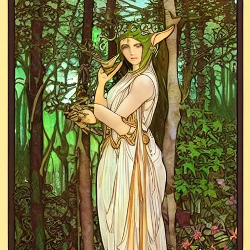 Prompt: female forest elf, mucha style,