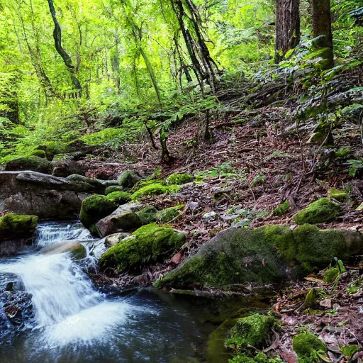 Prompt: a small waterfall in mountain woods