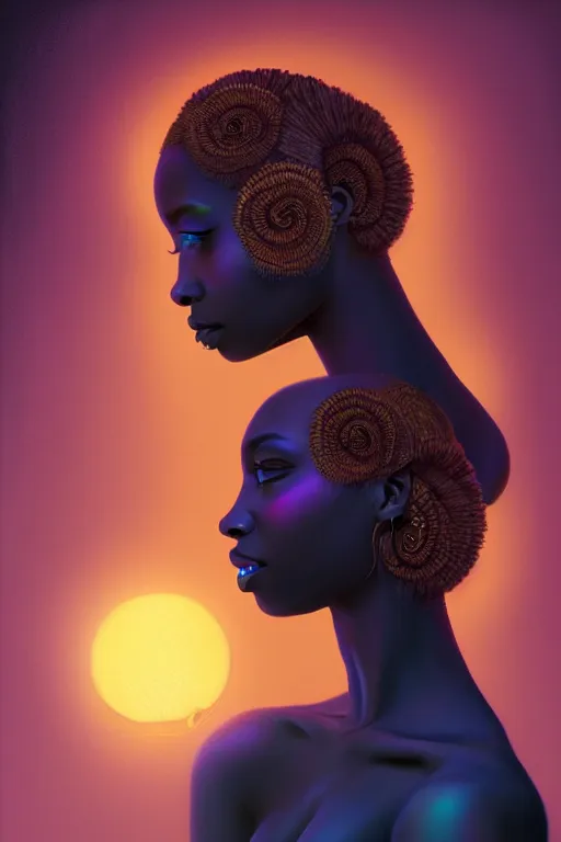 Image similar to Bioluminescent, portrait of beautiful black women , very intricate , trending on artstation , very elegant, in the golden hour by Daniel Merriam, Trending on Artstation, oil on Canvas by Elena Zhurikhina and Goro Fujita and Charlie Bowater, octane render, 4k, 8k, HD