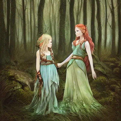 Image similar to sensual girl warrior making a ritual with her daughter in a magical forest by leesha hannigan, fantasy, highly detailed faces, artwork