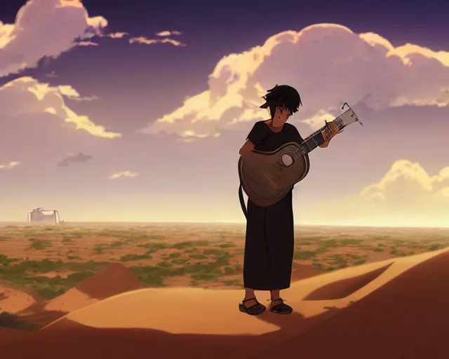 Prompt: an arab playing oud in the desert with a storm, makoto shinkai, loish, studio ghibli