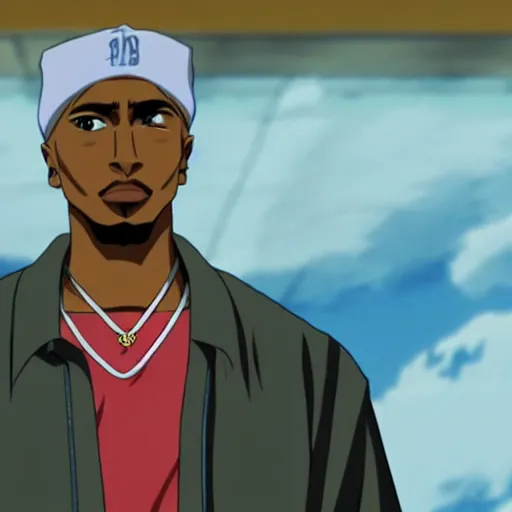 Image similar to Tupac Shakur, screenshot from a 2012s anime