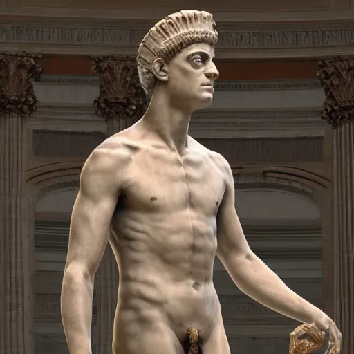 Image similar to rami malek as gorgeous statue of ancient roman emperor, 3 d photorealistic, high resolution render, museum photoshot, 8 k