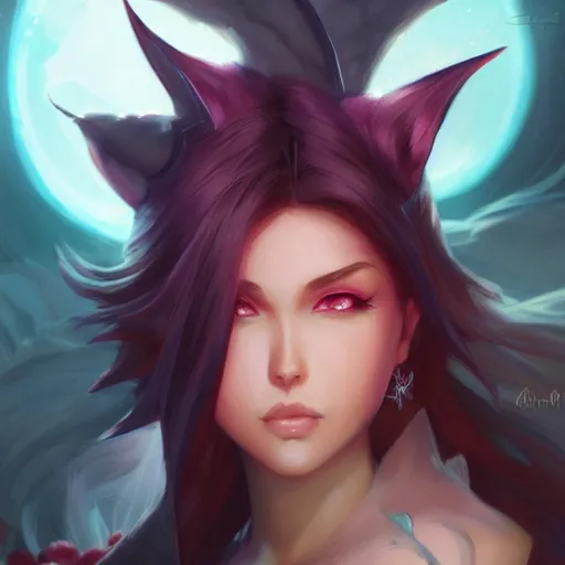 Image similar to Ahri, League of legends, fantasy, portrait, highly detailed, digital painting, trending on artstation, concept art, sharp focus, illustration, art by artgerm and greg rutkowski and magali villeneuve