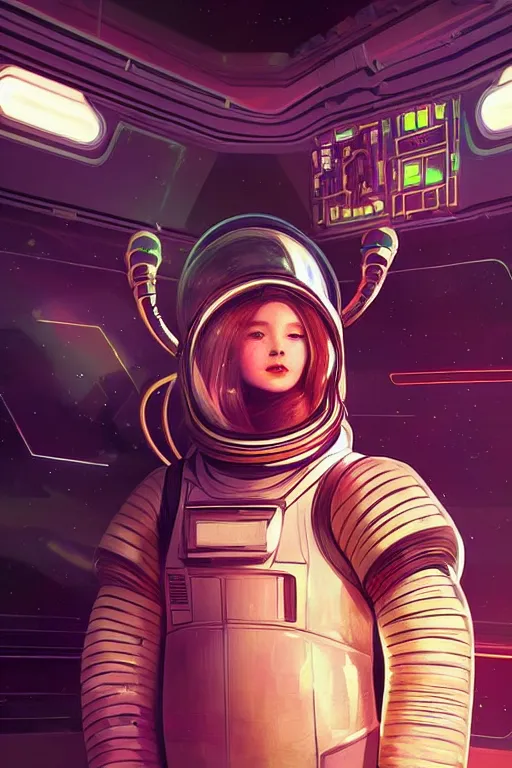 Image similar to portrait armored astronaut girl, control spaceship at commander room, ssci-fi, neon light and galaxy light effect, fantasy, intricate and very very beautiful and elegant, highly detailed, digital painting, artstation, concept art, smooth and sharp focus, illustration, art by tian zi and WLOP and alphonse mucha