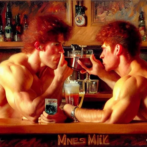 Image similar to attractive muscular mike with ginger hair with muscular attractive tyler with brunet hair, drinking their hearts out, in a pub. very defined and highly detailed painting by gaston bussiere, j. c. leyendecker, craig mullins 8 k