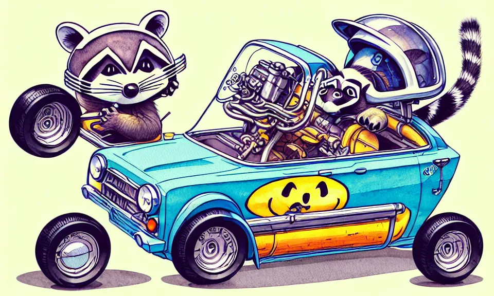 Image similar to cute and funny, racoon wearing a helmet riding in a hot rod with oversized engine, ratfink style by ed roth, centered award winning watercolor pen illustration, isometric illustration by chihiro iwasaki, edited by range murata, tiny details by artgerm and watercolor girl, symmetrically isometrically centered