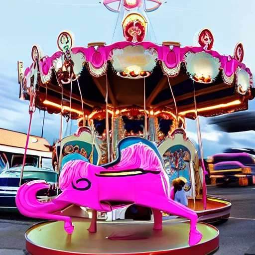 Prompt: carousel with cars shaped like a drag queen