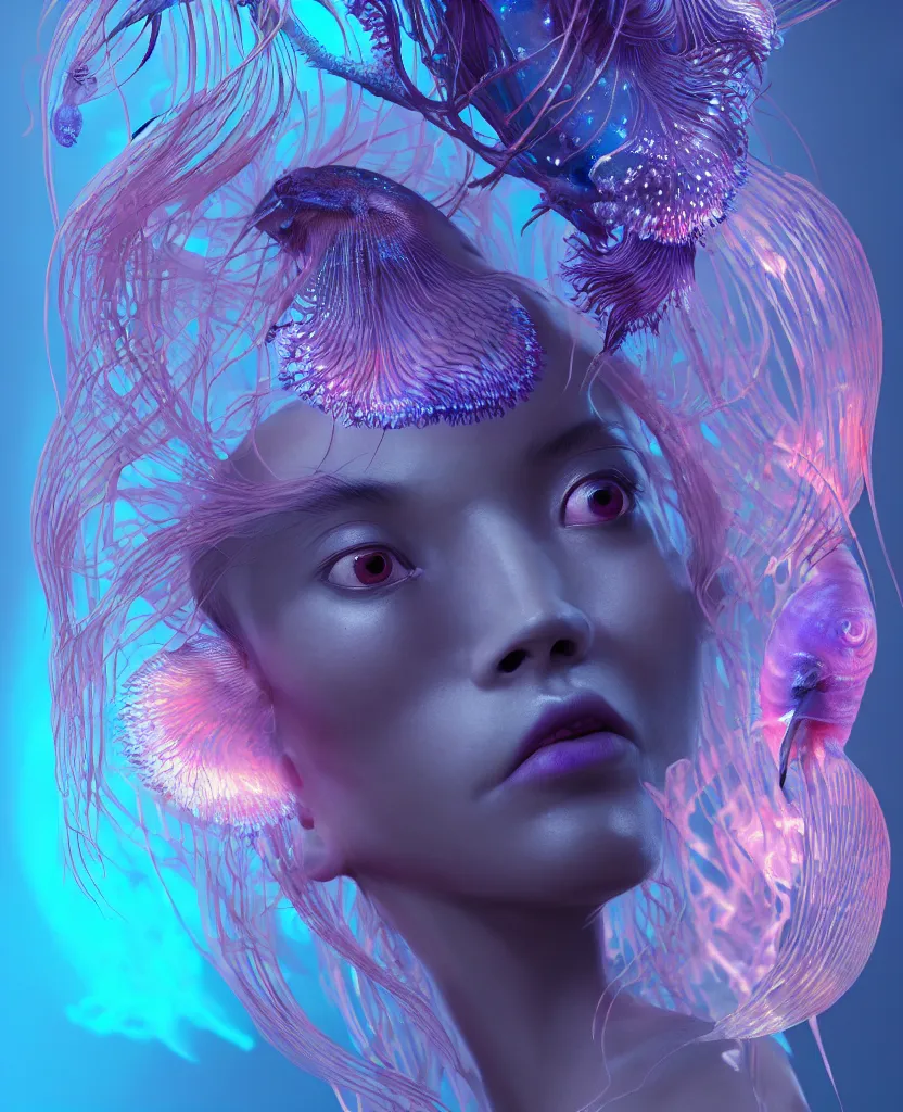 Image similar to goddess close-up portrait. orchid jellyfish phoenix head, nautilus, skull, betta fish, bioluminiscent creatures, intricate artwork by Tooth Wu and wlop and beeple. octane render, trending on artstation, greg rutkowski very coherent symmetrical artwork. cinematic, hyper realism, high detail, octane render, 8k