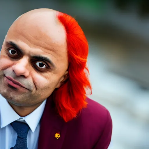 Prompt: A realistic photo of Sajid Javid wearing a red wig, m.zuiko 75mm, f 1.8, 1/400, RAW, unedited, 8K, high quality,