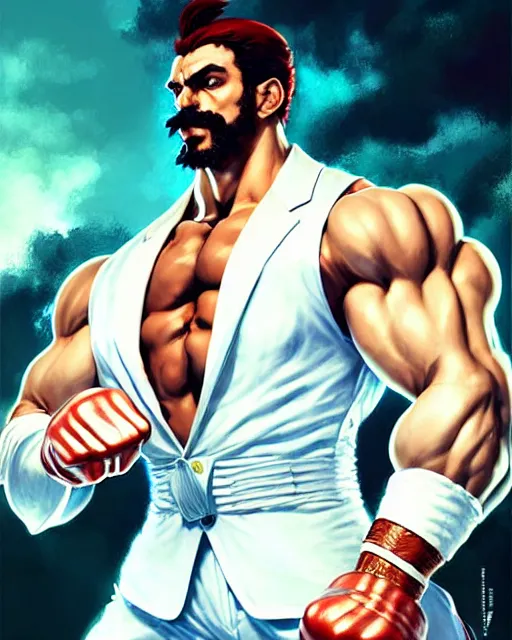 Prompt: gigachad luigi bodybuilder fighting like street fighter in a white suit, fantasy character portrait, ultra realistic, anime key visual, full body concept art, intricate details, highly detailed by greg rutkowski, ilya kuvshinov, gaston bussiere, craig mullins, simon bisley