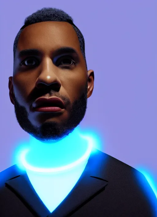 Image similar to a black man with short curly haircut, portrait, wearing black letter jacket, holding a futuristic looking big cinema camera, light blue led's, sharp focus, octane render, hyperrealistic, cinematic lighting, highly detailed, 8 k,