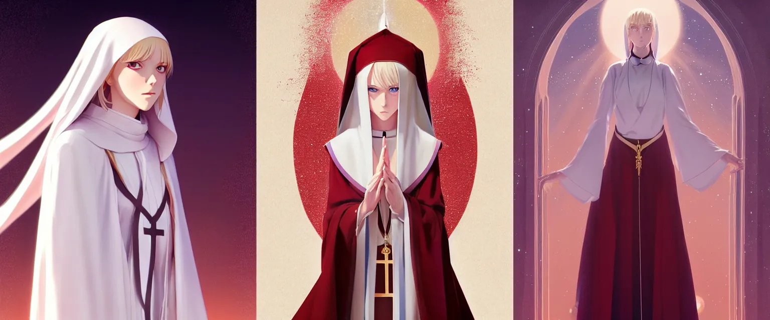 Prompt: young female nun with very long neck, blonde hair, white and gold priestess robes, detailed perfect face, exquisite details, ice magic, mid view, design on a dark crimson background, by studio muti, greg rutkowski makoto shinkai takashi takeuchi studio ghibli