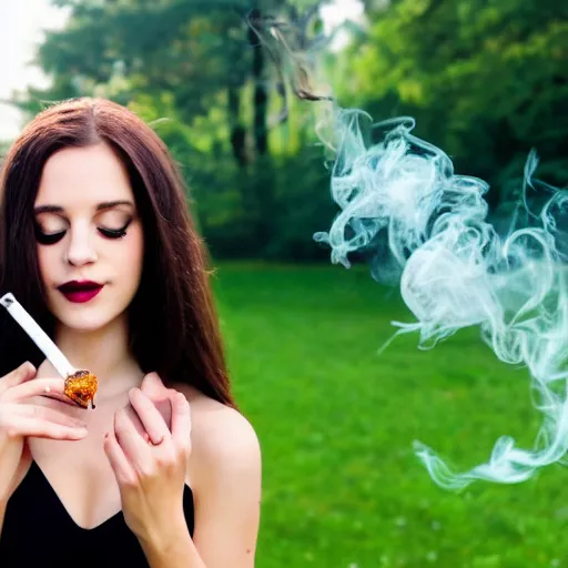 Image similar to pretty girl smoking a dab of concentrates and blowing a heart-shaped smoke ring