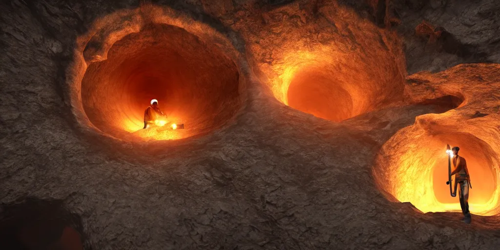 Image similar to male with a torch illuminating a giant abyss hole, nature around the hole, unreal engine 5, intricate details, relaxed
