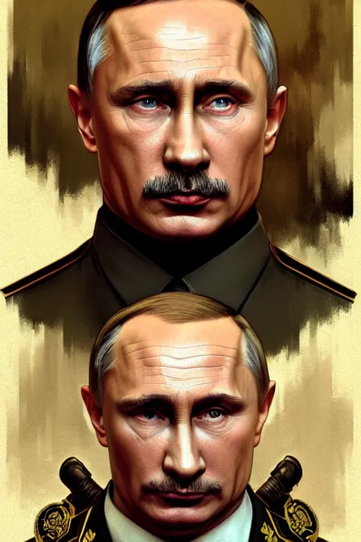 Image similar to vladimir putin as hitler, realistic portrait, symmetrical, highly detailed, digital painting, artstation, concept art, smooth, sharp focus, illustration, cinematic lighting, art by artgerm and greg rutkowski and alphonse mucha