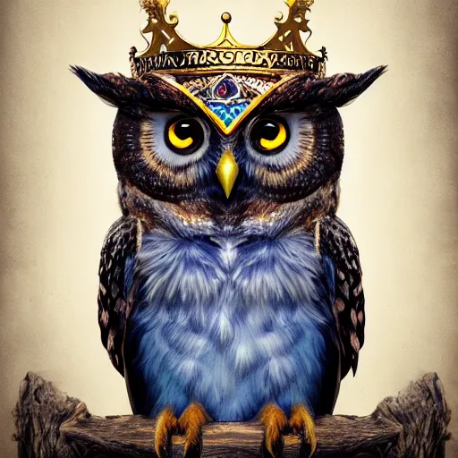 Image similar to cute owl, charactor, with big blue eyes, with a crown on his head, magical, warrior, portrait, hyper detailed, stylistic, symmetrical, 3 d render, photorealitic, 8 k, octane render