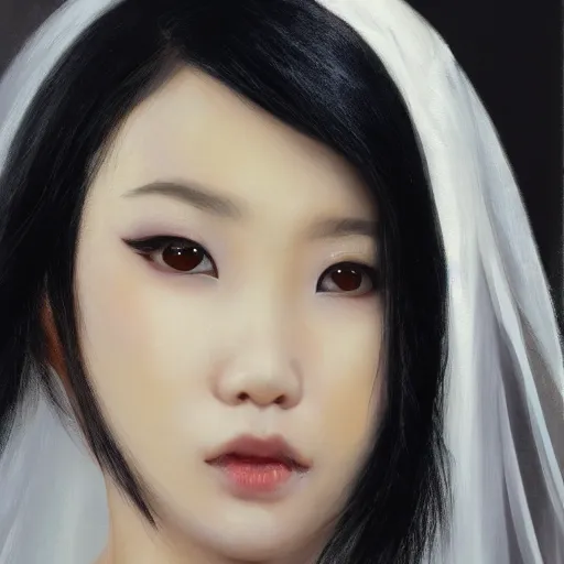 Prompt: Asian girl, watery black eyes, long wavy black hair, white veil, front closeup, highly detailed, centered, oil painting, artstation, concept art by Wrightson Bernie