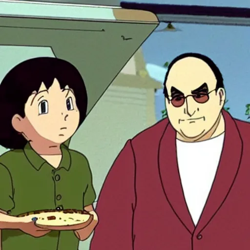 Image similar to Tony Soprano eating gabagool out of the fridge, style: (hayao miyazaki, studio ghibli)