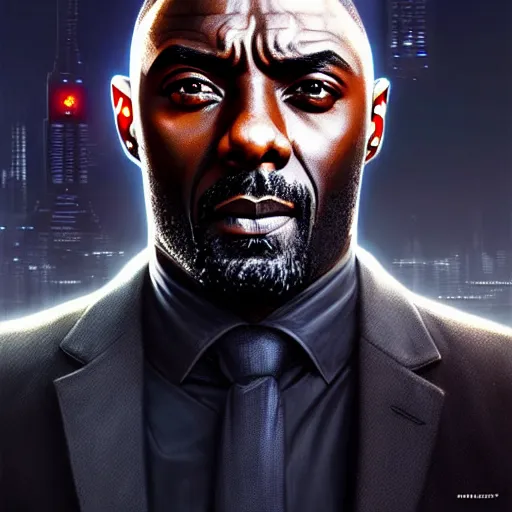 Image similar to portrait painting of a cyberpunk corporate boss elven idris elba, ultra realistic, concept art, intricate details, eerie, highly detailed, photorealistic, octane render, 8 k, unreal engine. art by artgerm and greg rutkowski and charlie bowater and magali villeneuve and alphonse mucha