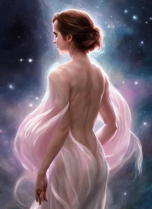 Prompt: emma watson as nature magic celestial, back pose, long hair, soft pink and white transparent cloth, space, D&D, shiny background, intricate, elegant, highly detailed, digital painting, artstation, concept art, smooth, sharp focus, illustration, artgerm, bouguereau