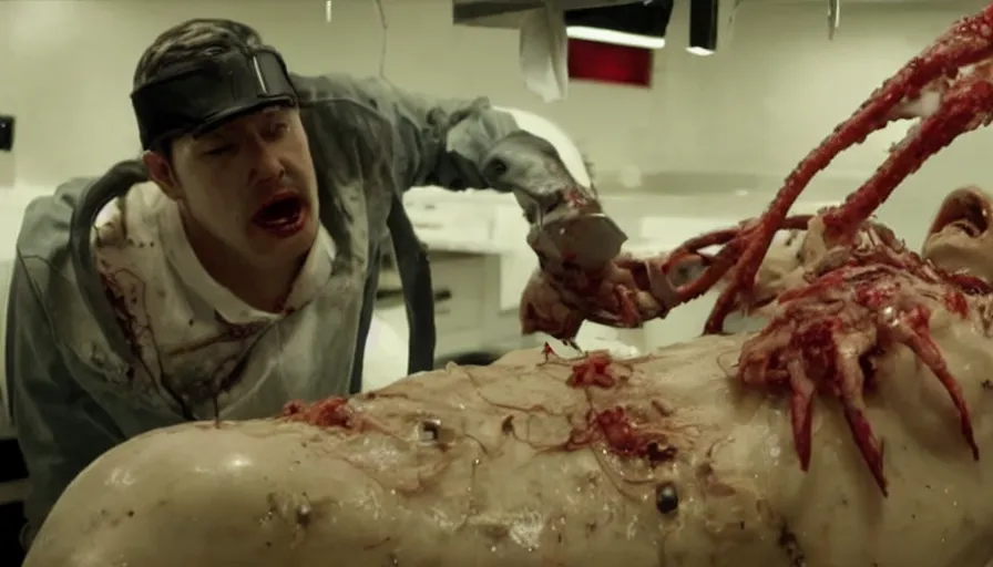 Image similar to Big budget horror movie, a squid bloodily rips out a man's heart while a cyborg does an autopsy