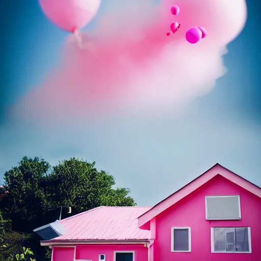 Image similar to a 5 0 mm lens photograph of a cute pink floating modern house, floating in the air between clouds, inspired by the movie up, held up from above by heart ballons. mist, playful composition canon, nikon, award winning, photo of the year