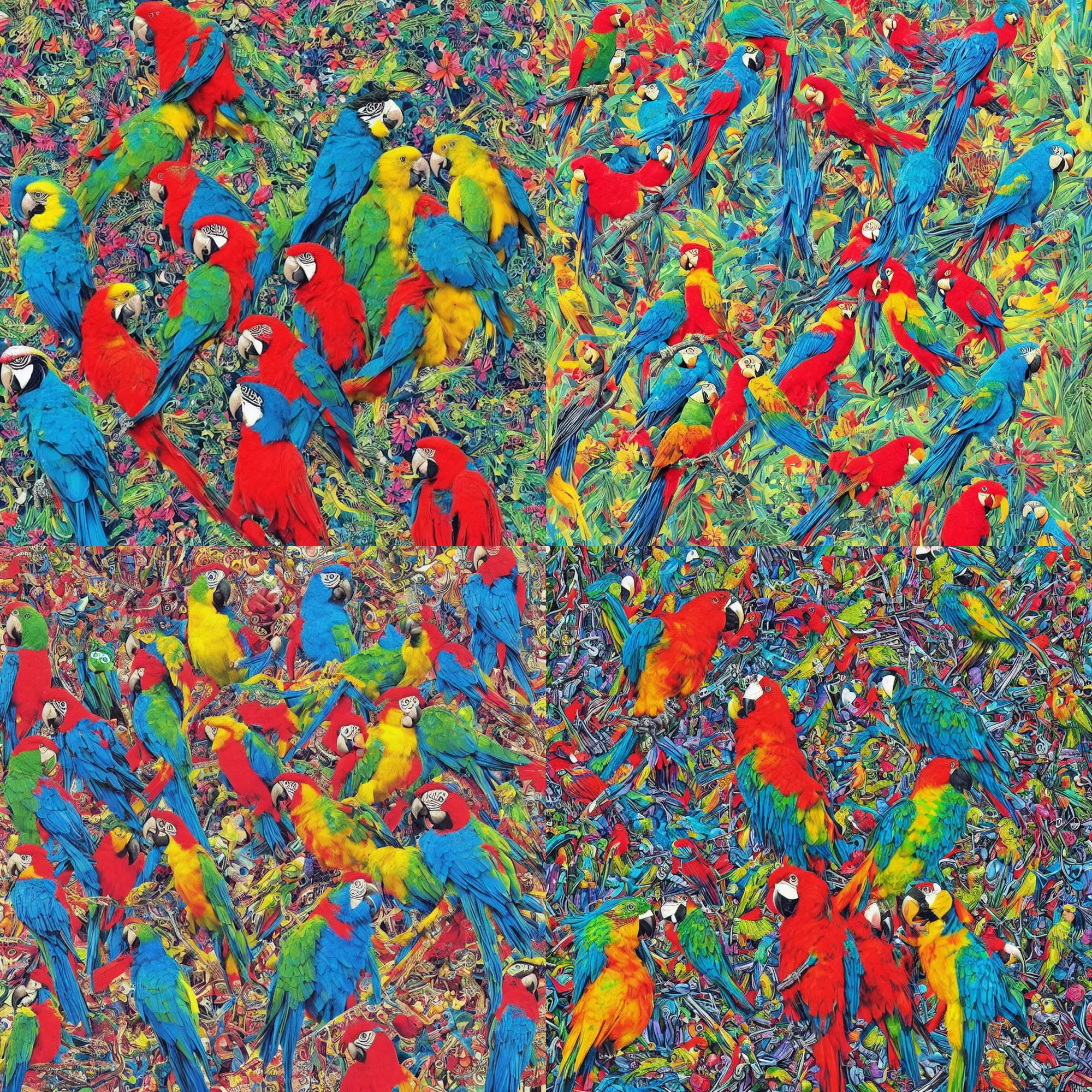 Prompt: maximalism art of punk rock parrots