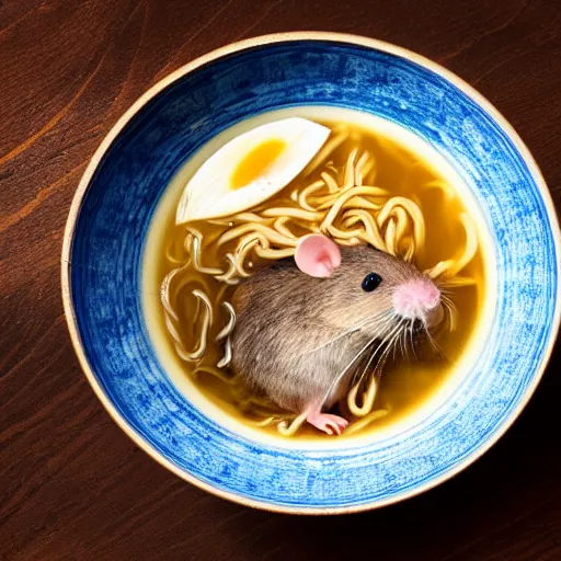 Prompt: rat in japanese ramen bowl, michelin star restaurant, award winning photo, food photography, 8 k